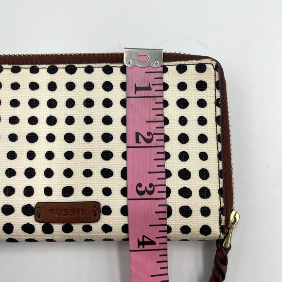 Fossil Caroline RFID Zip-Around Wallet Black Polka Dot Brown Leather Trim - Picture 7 of 7